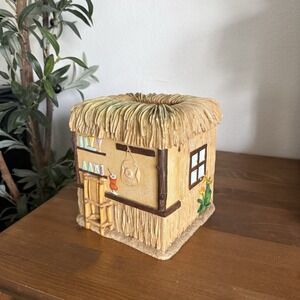 Vintage Tiki Hut Bar Tissue Box Cover Holder Faux Bamboo Thatched Roof Cocktails